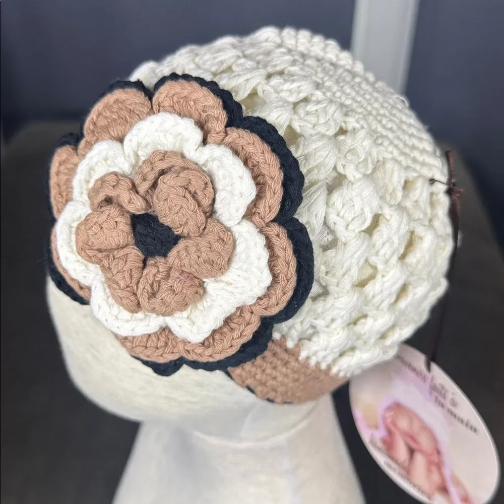 Daisy Baby Crocheted Skull Hat Beanie Black White Brown Flower 6-12 months NEW